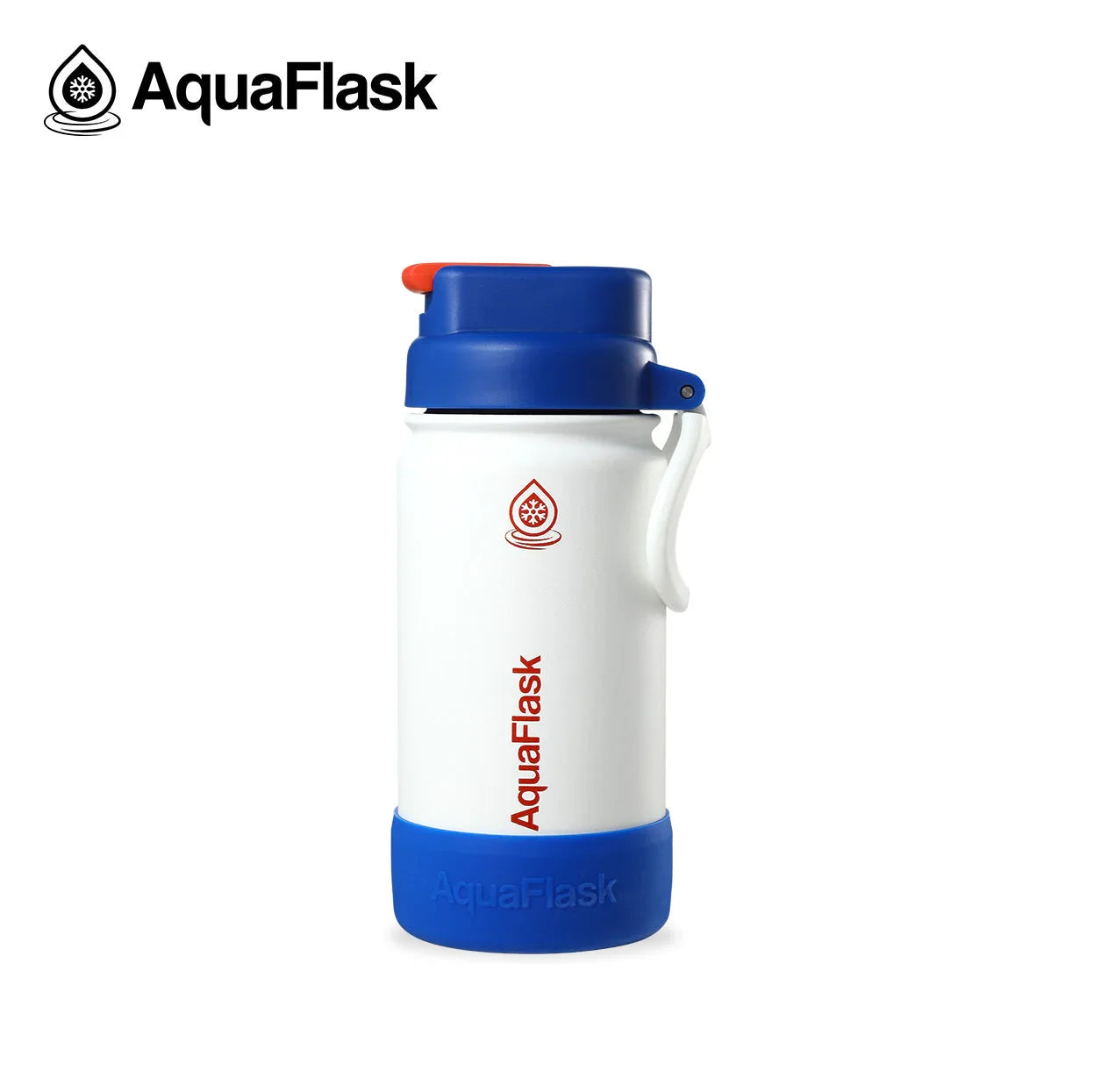 AquaFlask Kids Flip Sip Parker 14oz white bottle with blue lid and base, product photo.