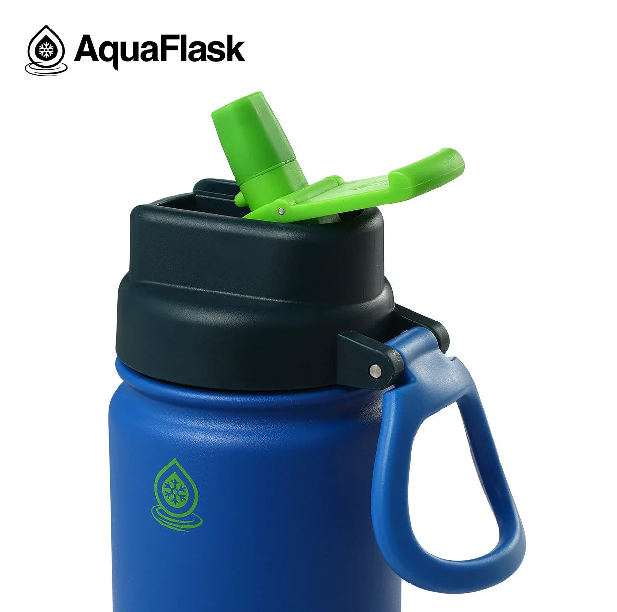 AquaFlask Kids Flip Sip blue water bottle with green spout and easy-carry handle