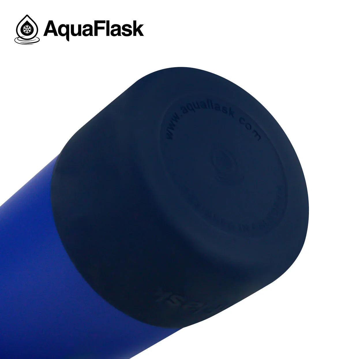 Close-up of blue AquaFlask bottle base with black logo on white background