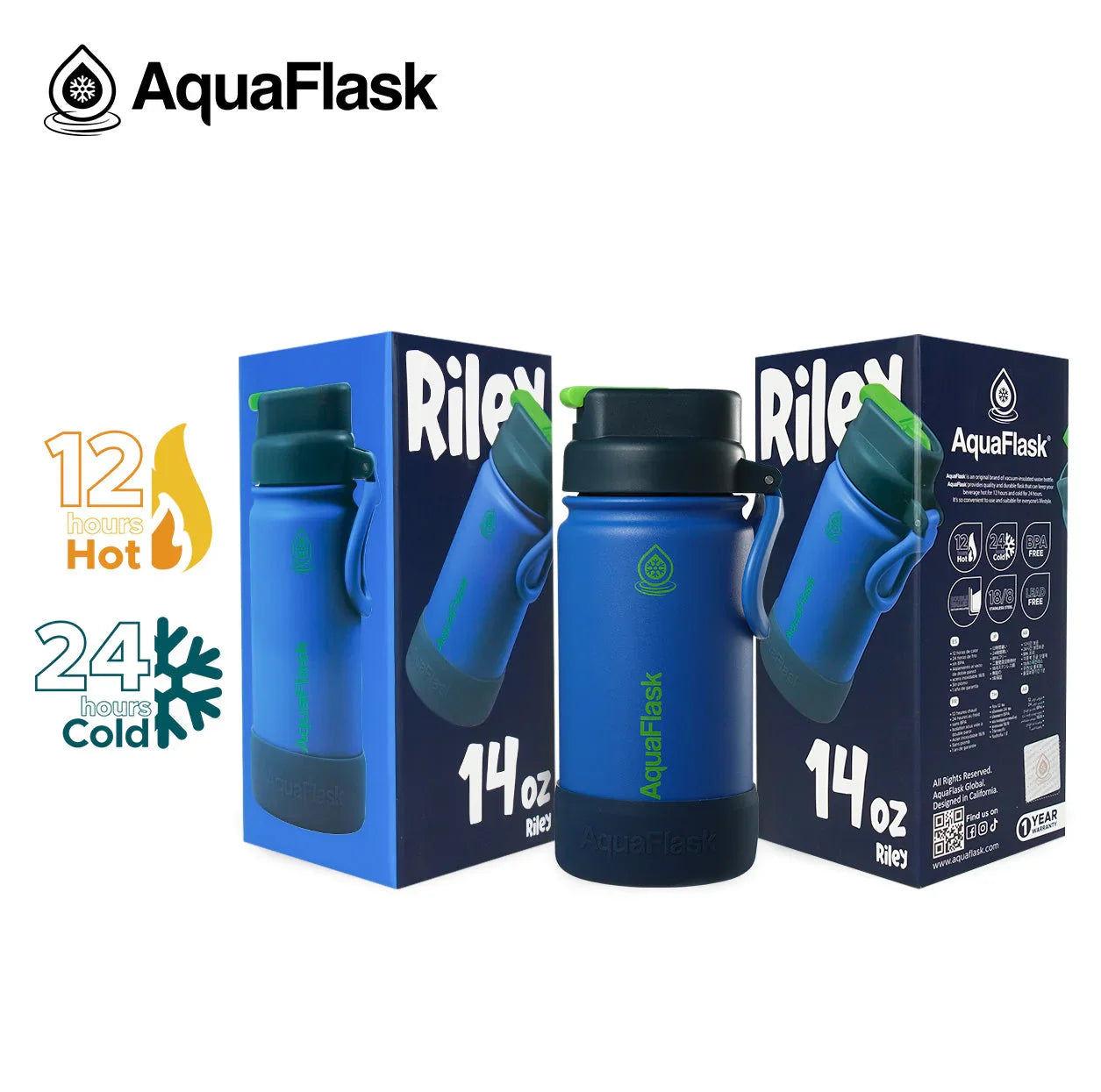 AquaFlask Kids Flip Sip 14oz blue water bottle with packaging, hot and cold icons.