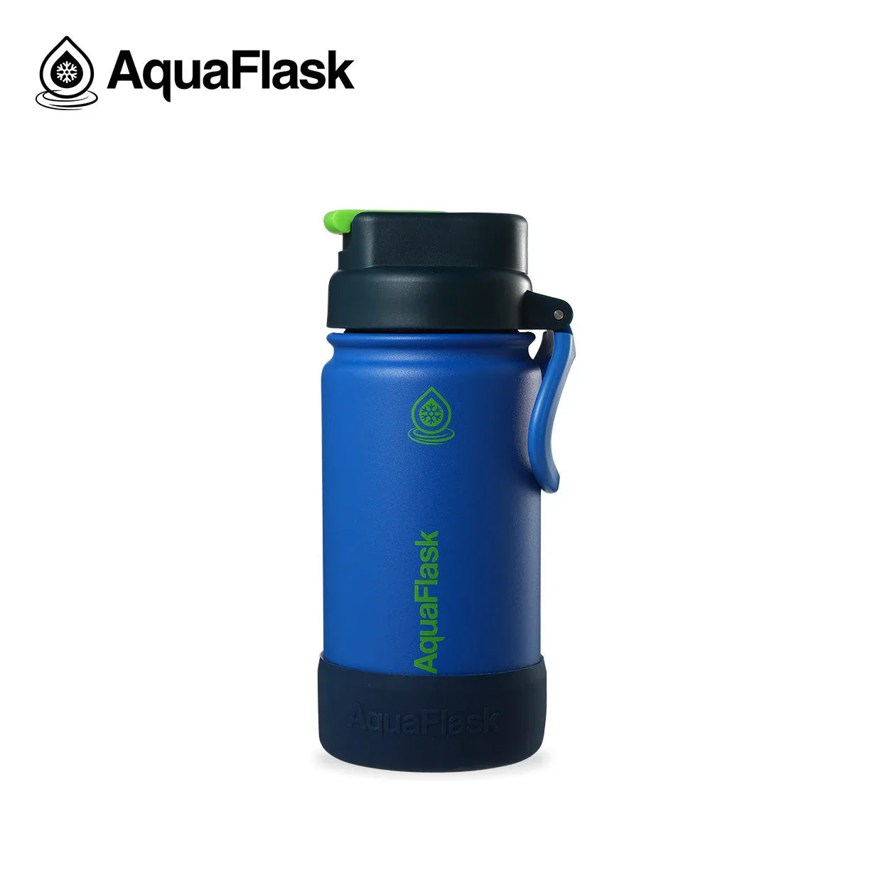 AquaFlask Kids Flip Sip Riley 14oz blue water bottle with green accents on white background