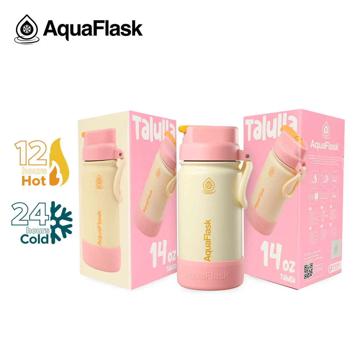 AquaFlask Talulla kids 14oz insulated bottle pink with packaging, 12 hours hot, 24 hours cold