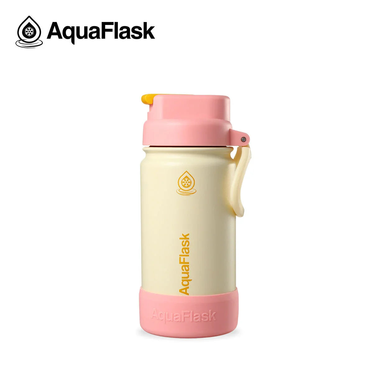 AquaFlask Kids Flip Sip 14oz water bottle, cream and pink, with yellow logo and lid