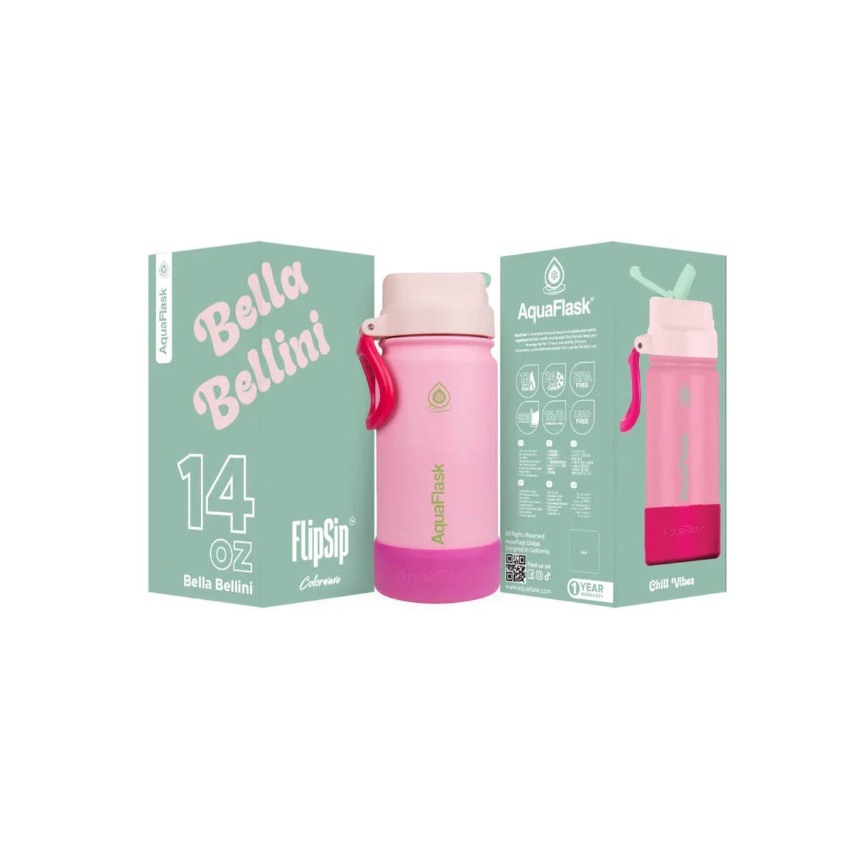AquaFlask Bella Bellini 14oz pink water bottle with packaging, FlipSip design