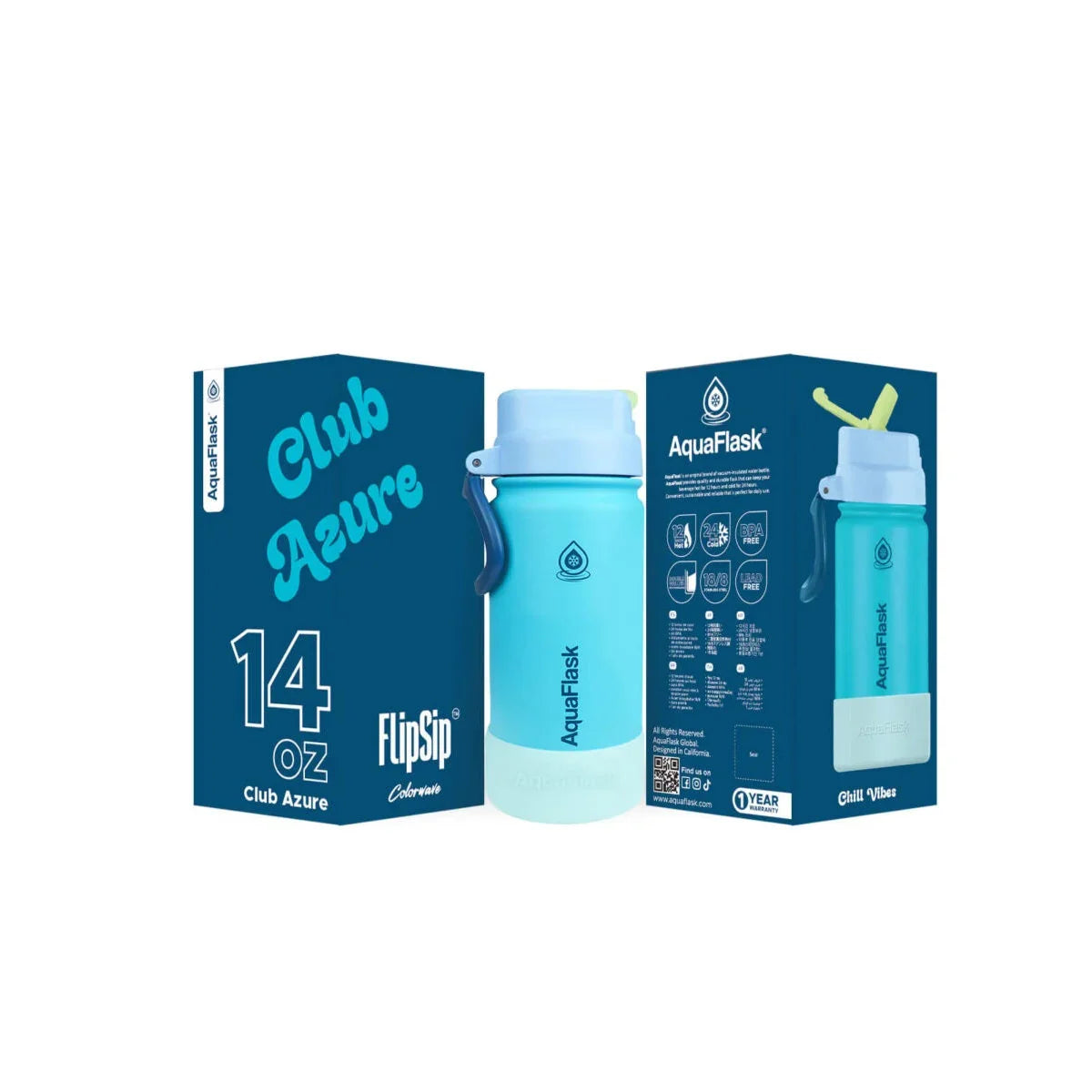 AquaFlask Club Azure 14oz FlipSip blue water bottle with packaging, front and back views