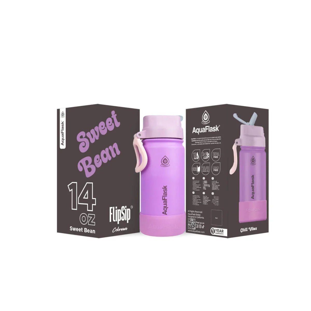 AquaFlask Sweet Bean 14oz FlipSip violet water bottle with packaging boxes