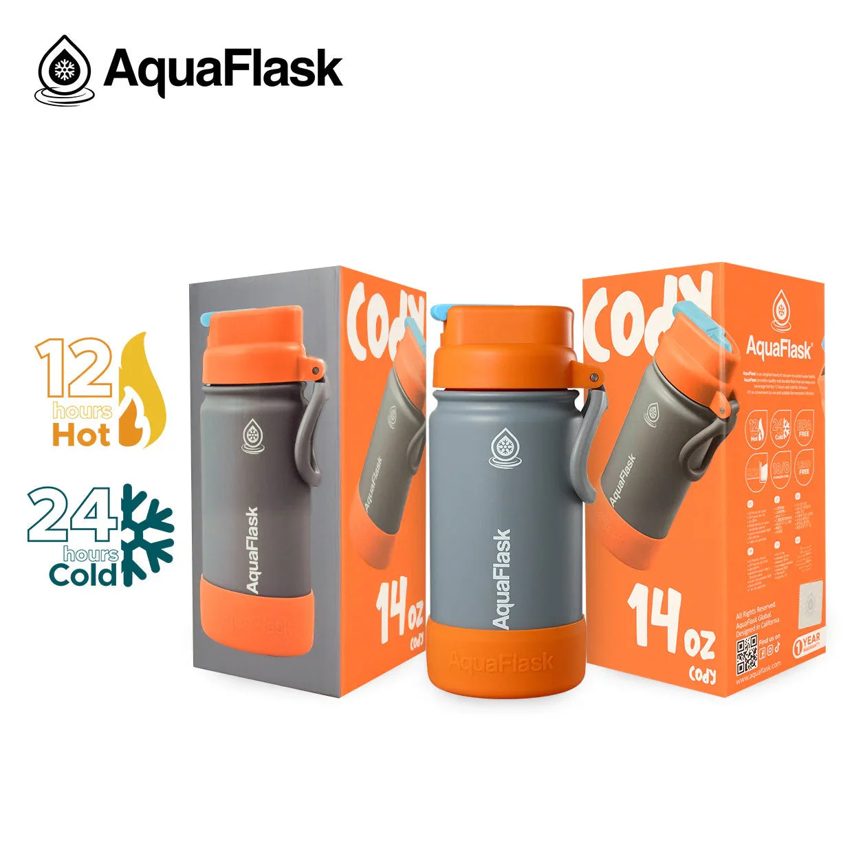 AquaFlask Kids Flip Sip Cody 14oz gray and orange insulated water bottle with packaging