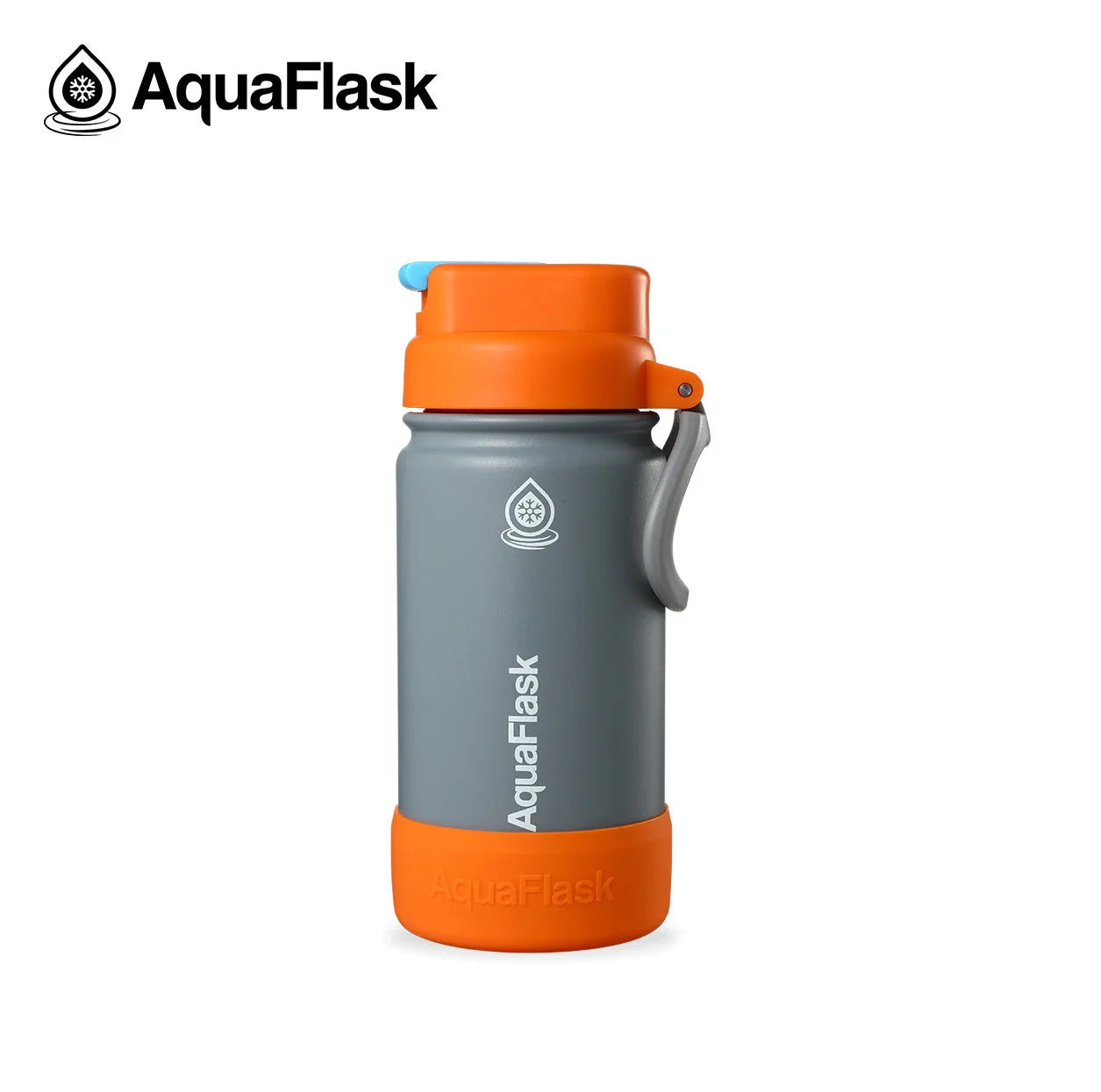 AquaFlask Kids Flip Sip gray and orange 14oz water bottle with flip top lid