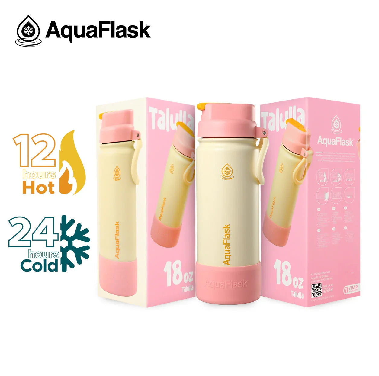AquaFlask Talulla kids water bottle 18oz in pastel pink with box, hot and cold icons