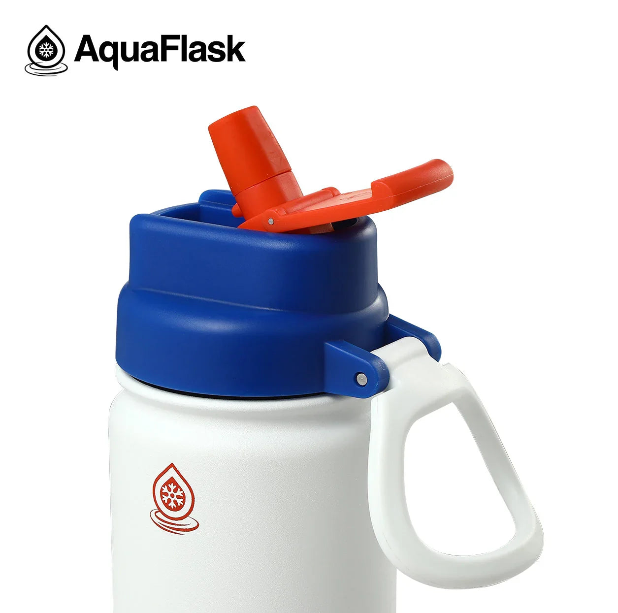 AquaFlask Kids Flip Sip Parker 18oz white water bottle with blue lid and red spout