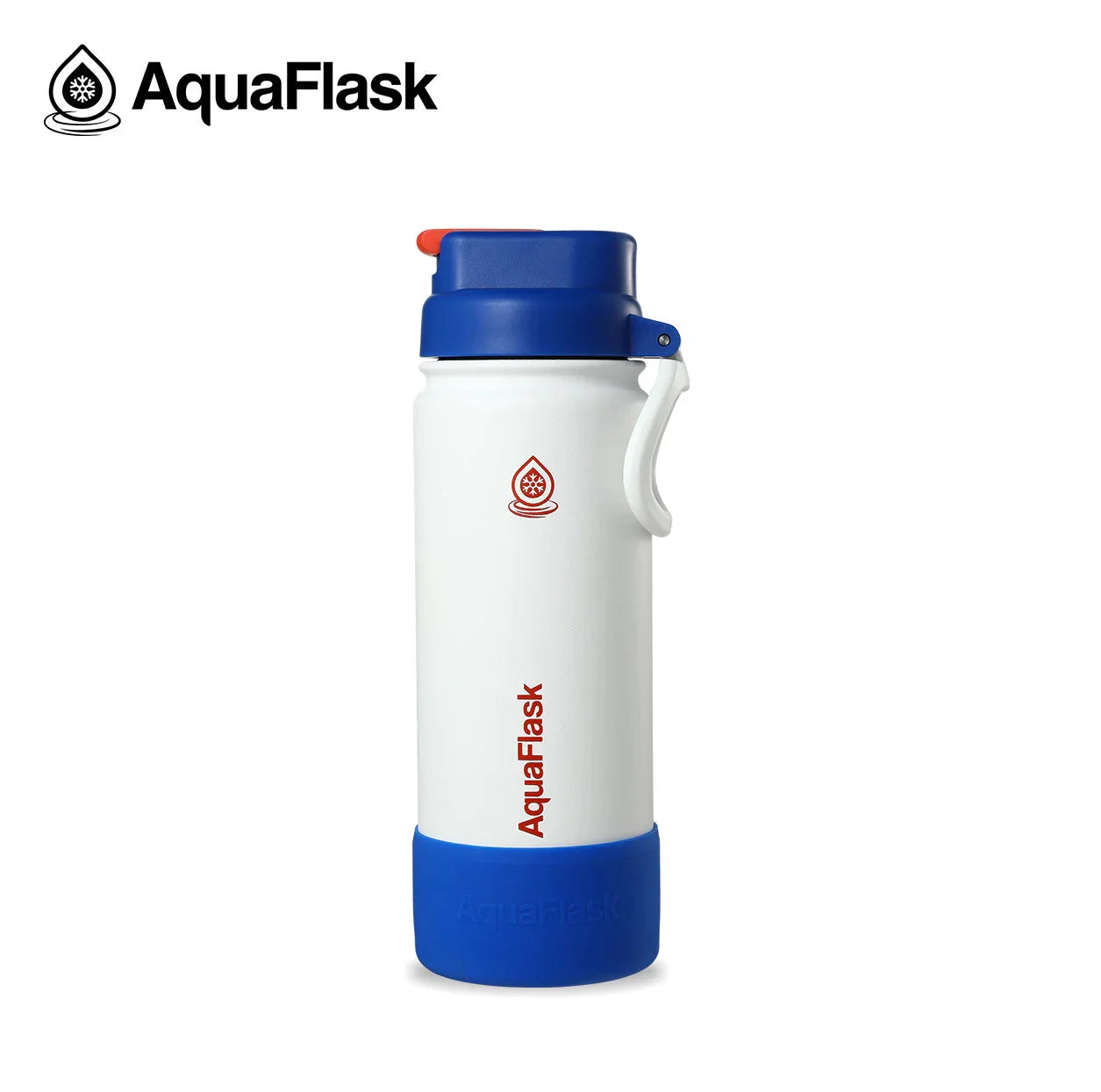 AquaFlask Kids Flip Sip Parker 14oz white water bottle with blue lid and base on white background.