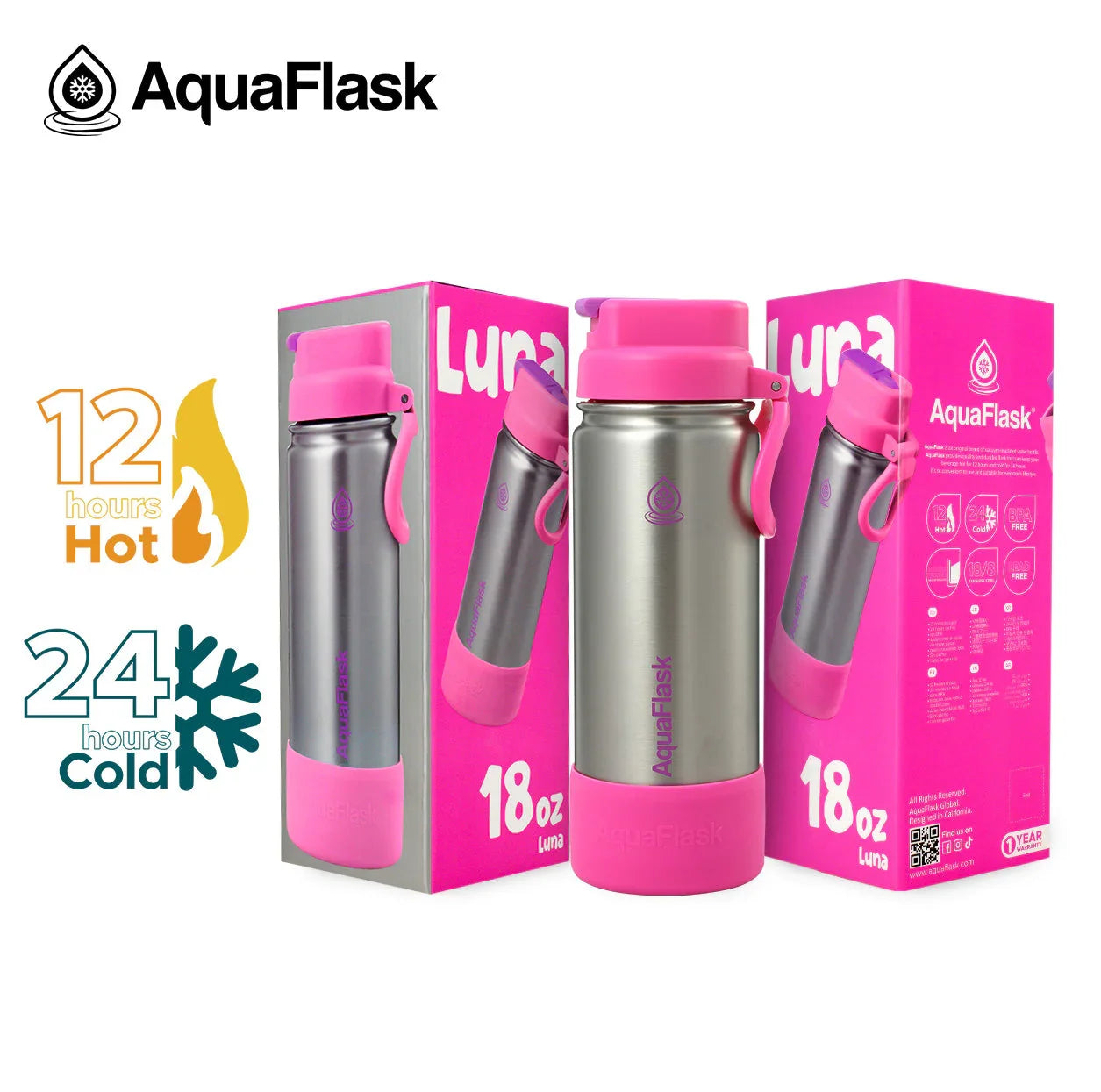 AquaFlask Luna 18oz kids water bottle with pink lid and base, packaging displays hot and cold icons