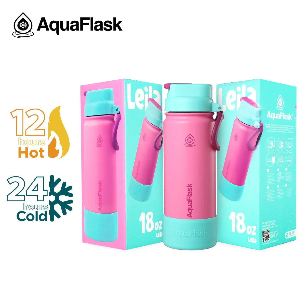 AquaFlask Kids Flip Sip Leila 18oz pink and blue bottle with packaging, hot and cold icons.