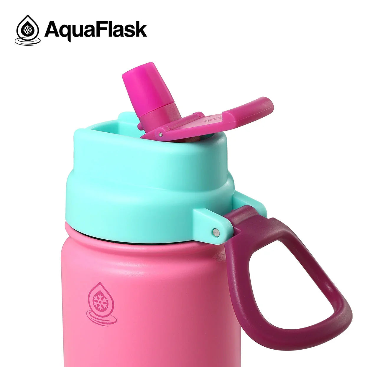 AquaFlask Kids Flip Sip Leila 18oz pink water bottle with teal lid and straw