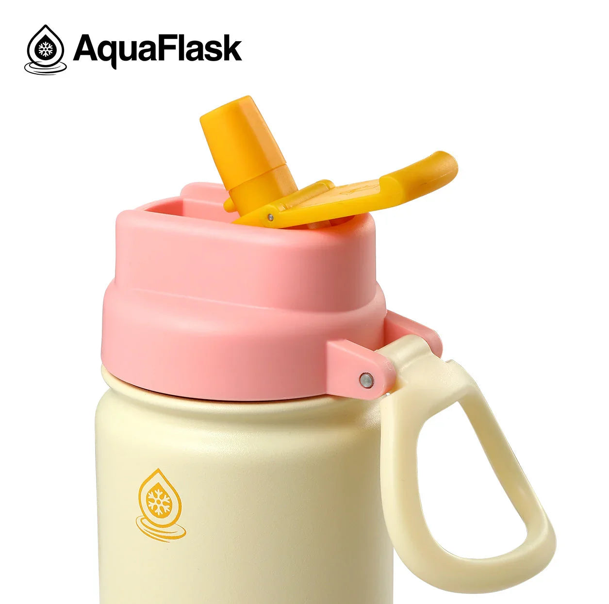 AquaFlask Kids Flip Sip Talulla 18oz water bottle with pink lid and yellow straw