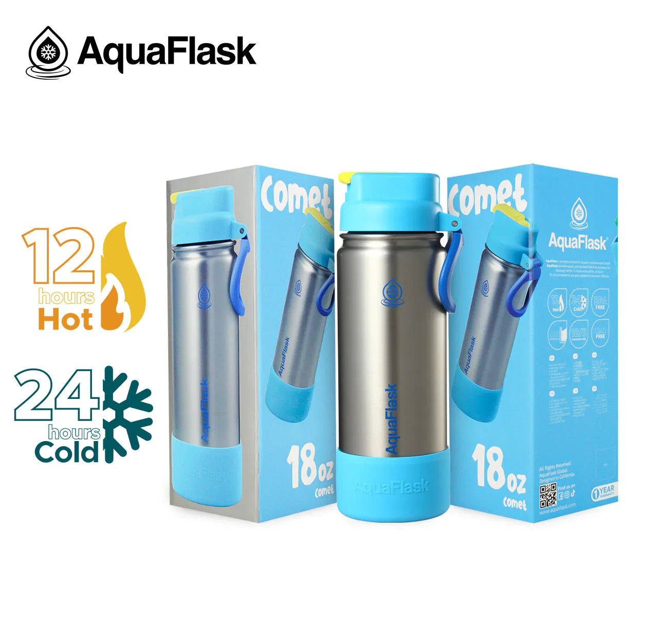AquaFlask Kids Flip Sip Comet 18oz blue stainless steel water bottle with box