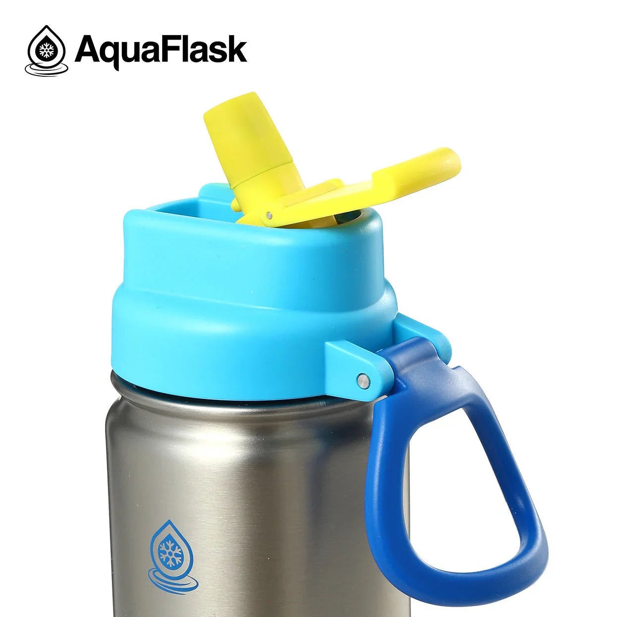 AquaFlask Kids Flip Sip Comet 18oz stainless steel water bottle with blue lid and yellow straw