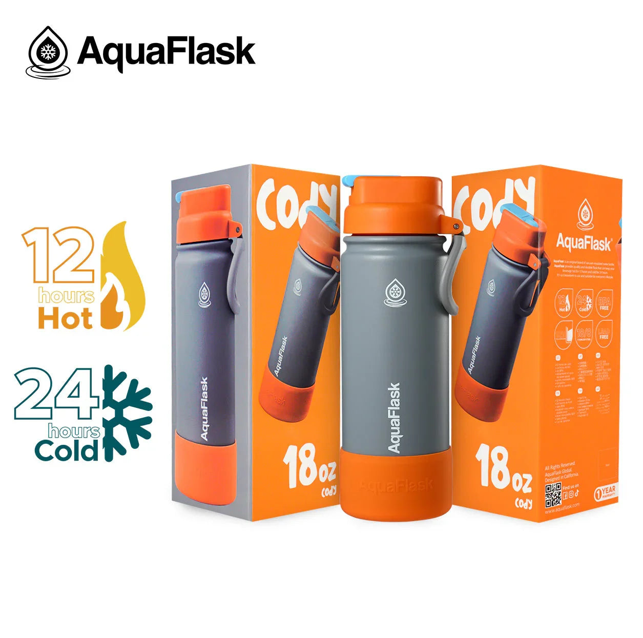 AquaFlask Kids FlipSip Cody 18oz gray and orange water bottle with packaging, 12 hours hot 24 hours cold