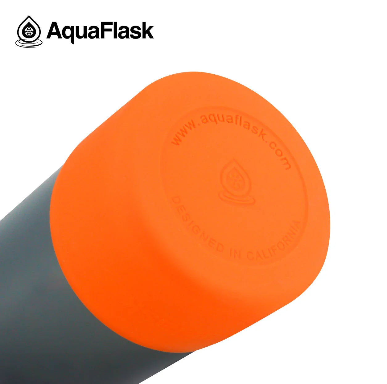 AquaFlask water bottle with orange base and gray body, close-up showing logo and branding.