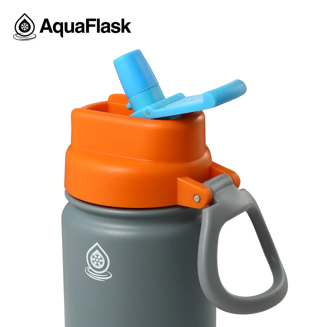 AquaFlask kids water bottle 18oz, gray body with orange cap and blue flip straw lid