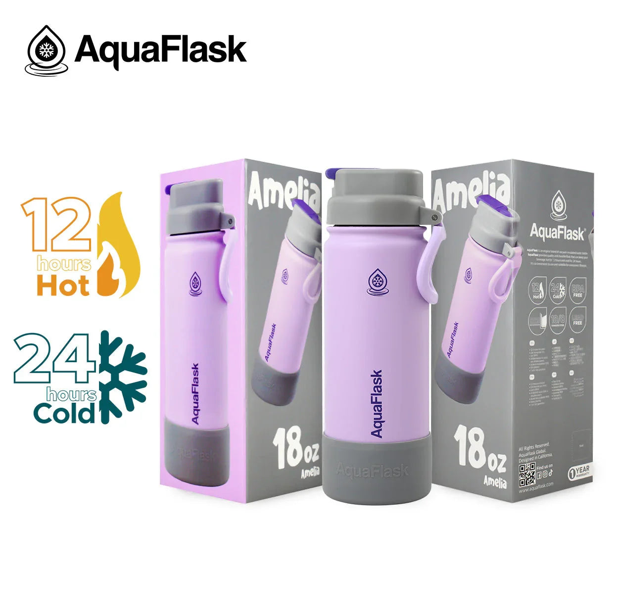 AquaFlask Kids Flip Sip Amelia 18oz purple water bottle with box, 12 hours hot or 24 hours cold