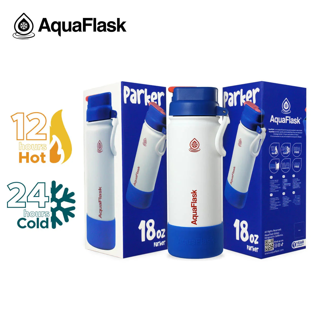 AquaFlask Parker 18oz kids bottle with blue lid and packaging, 12 hours hot, 24 hours cold