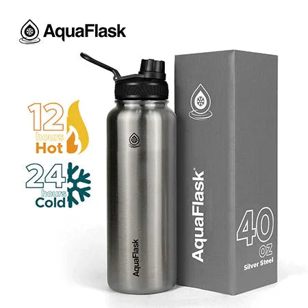 AquaFlask 40oz silver steel water bottle with box, 12 hours hot, 24 hours cold