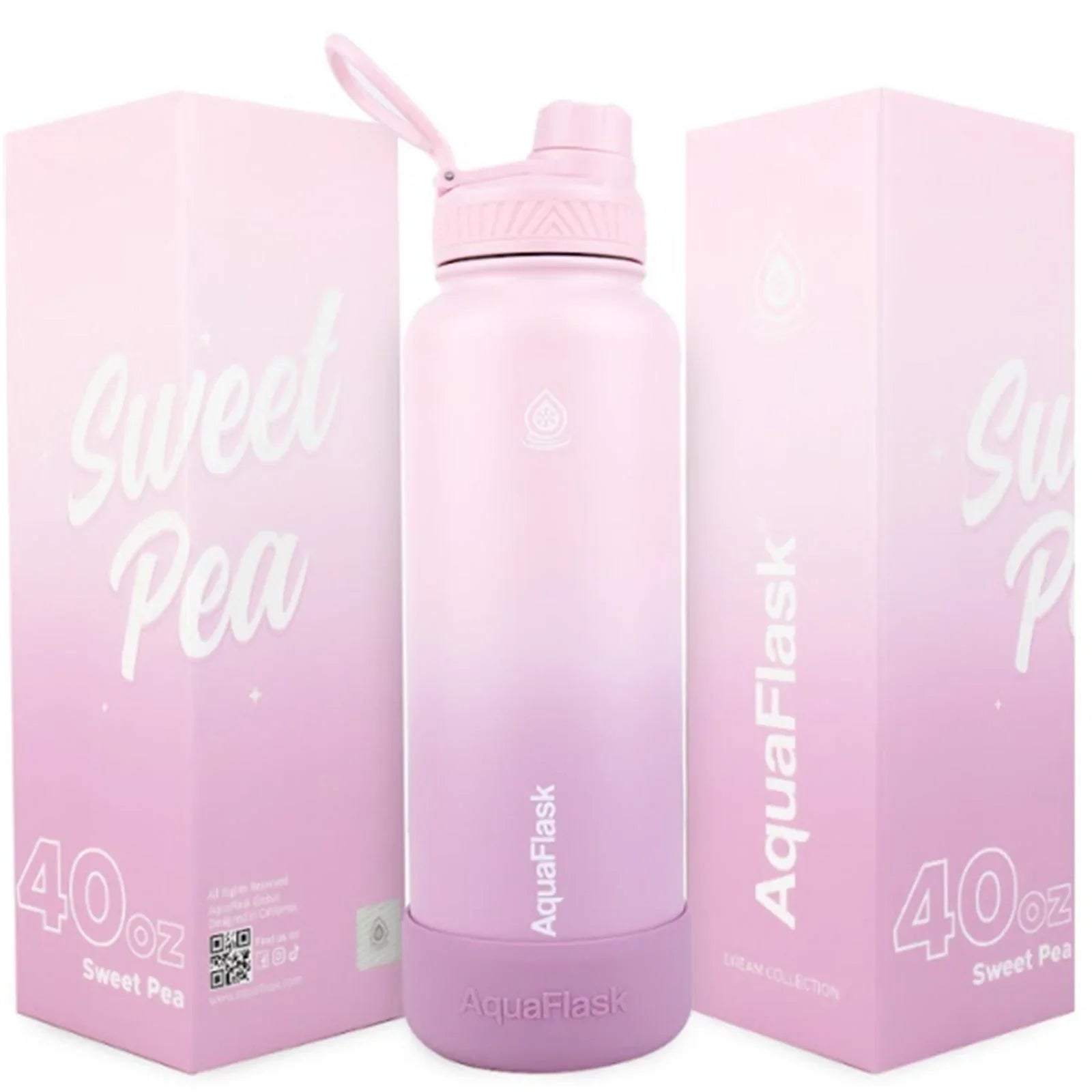 AquaFlask 40oz Sweet Pea pink tumbler bottle with matching pink packaging boxes