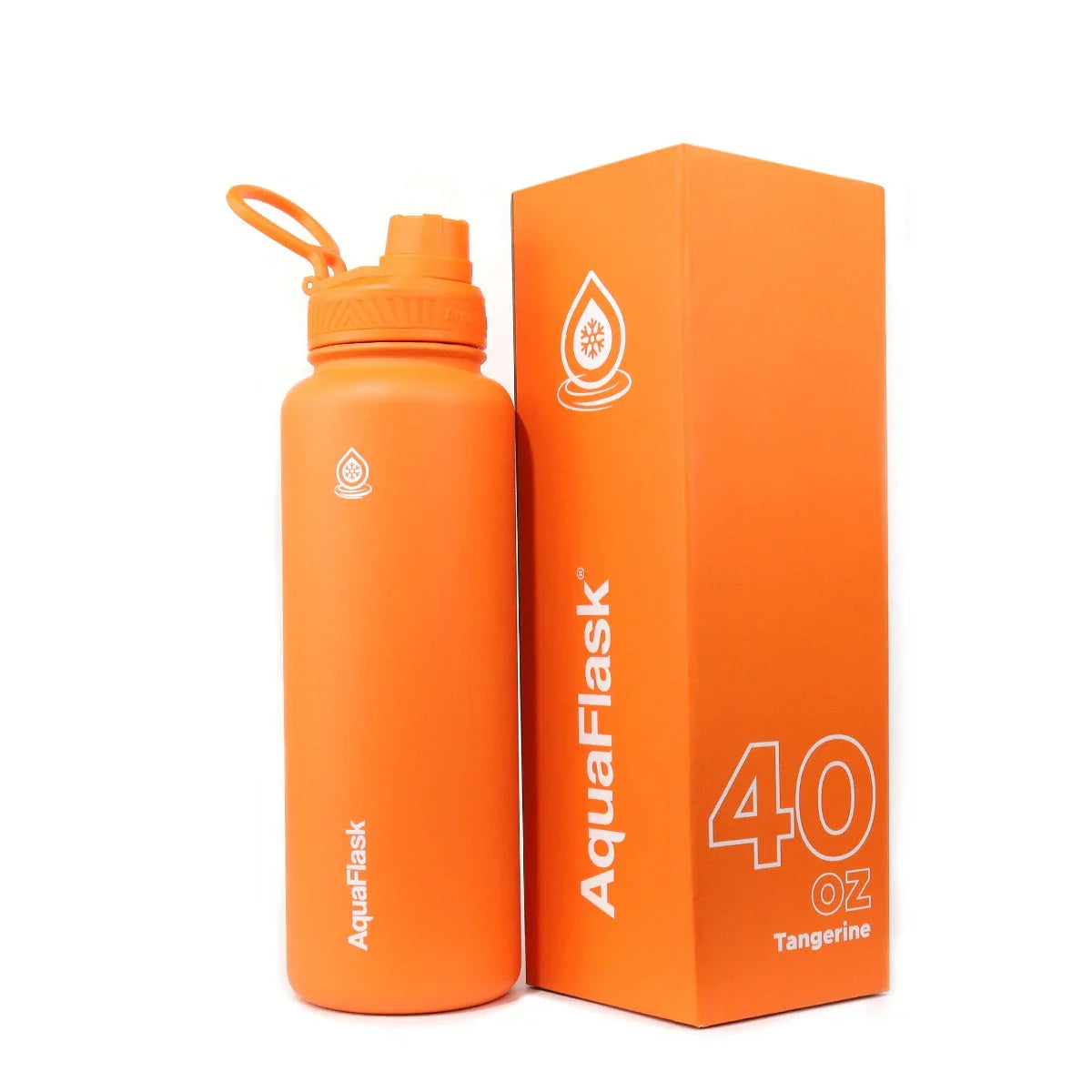 AquaFlask 40oz tangerine water bottle with matching orange box