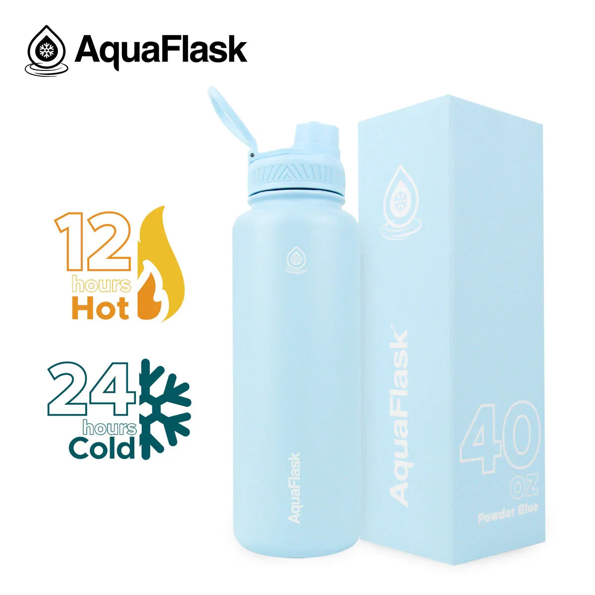 AquaFlask 40oz powder blue insulated water bottle with box, keeps drinks hot 12 hours, cold 24 hours.