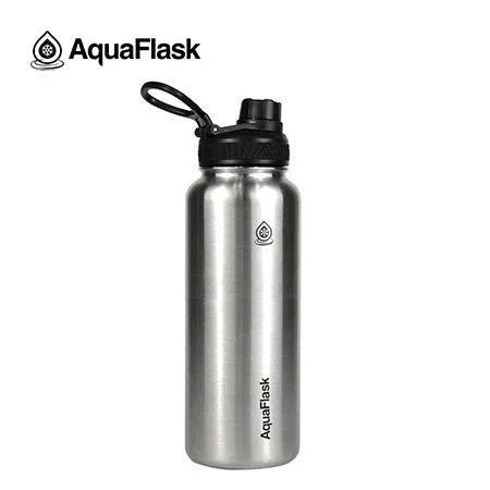 AquaFlask 40oz stainless steel water bottle with black lid and logo on white background