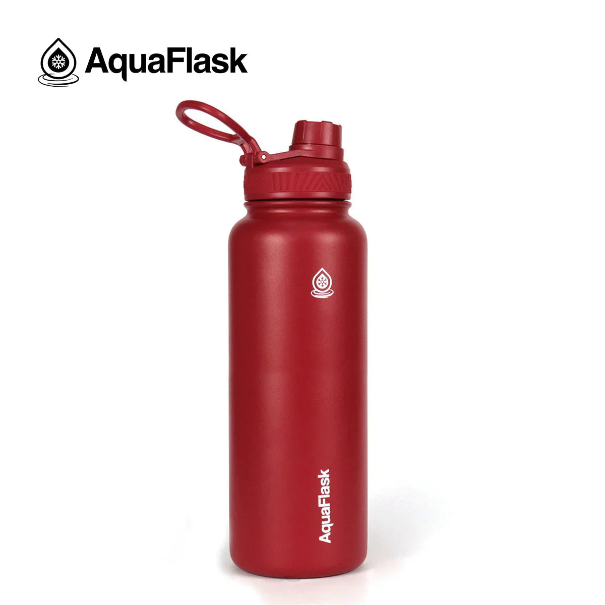 Cherry red AquaFlask 40oz insulated water bottle with straw lid on white background