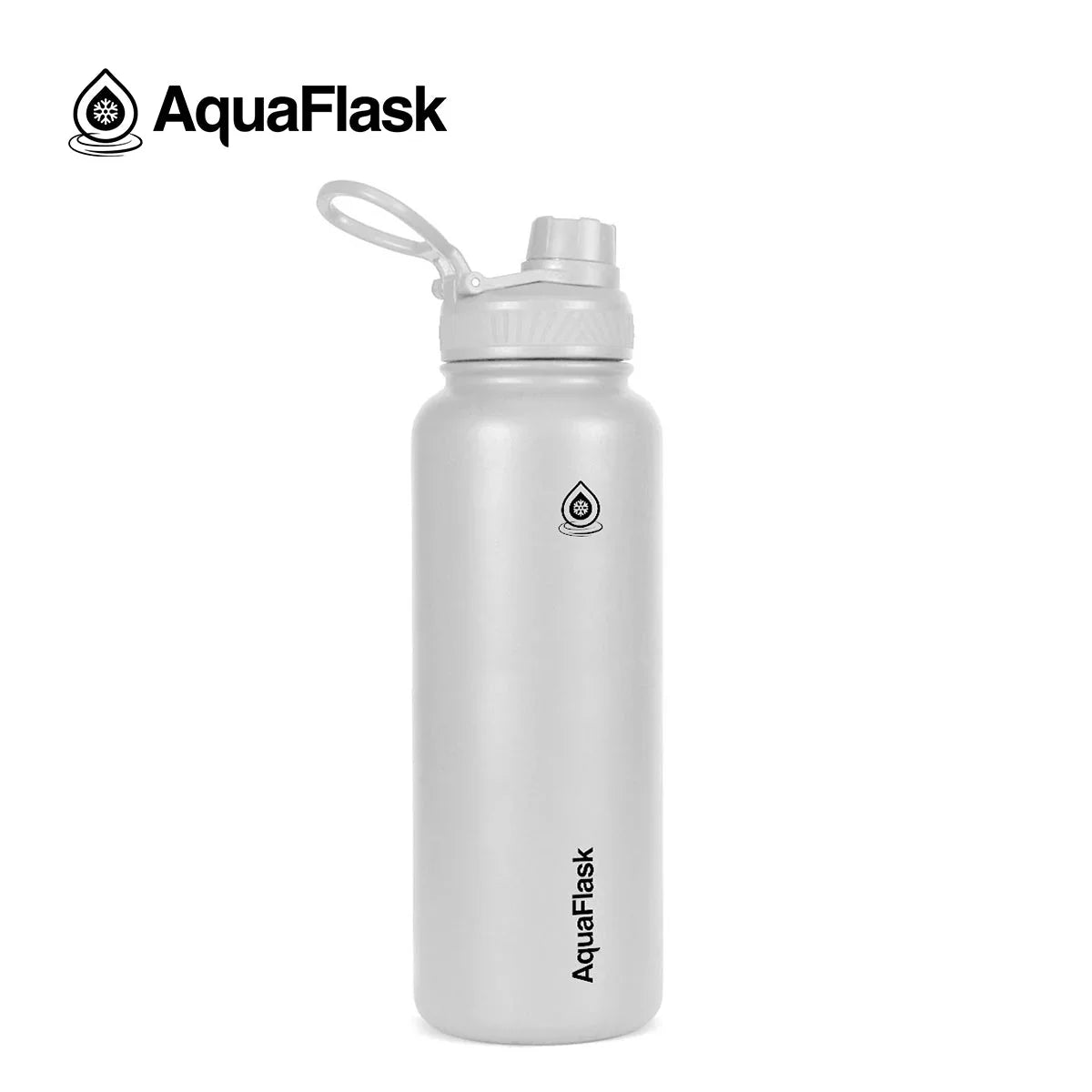 AquaFlask 40oz Arctic White water bottle with flip-top lid on white background
