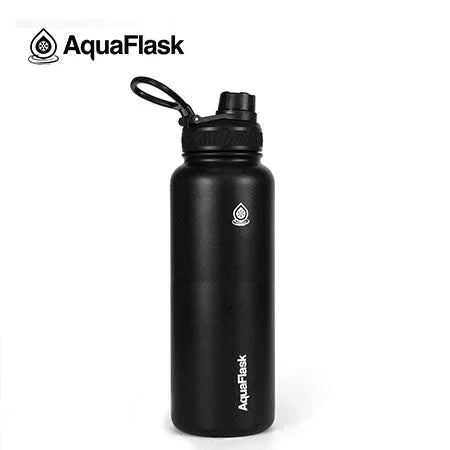 Black AquaFlask 40oz water bottle with logo, handle cap, on white background