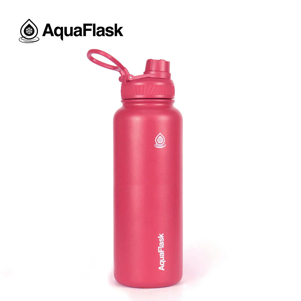 AquaFlask 40oz pink water bottle with flip-top lid on white background