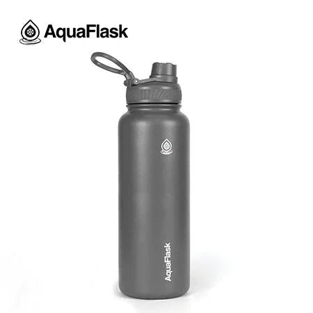 AquaFlask 40oz stone gray water bottle with screw cap and handle on white background