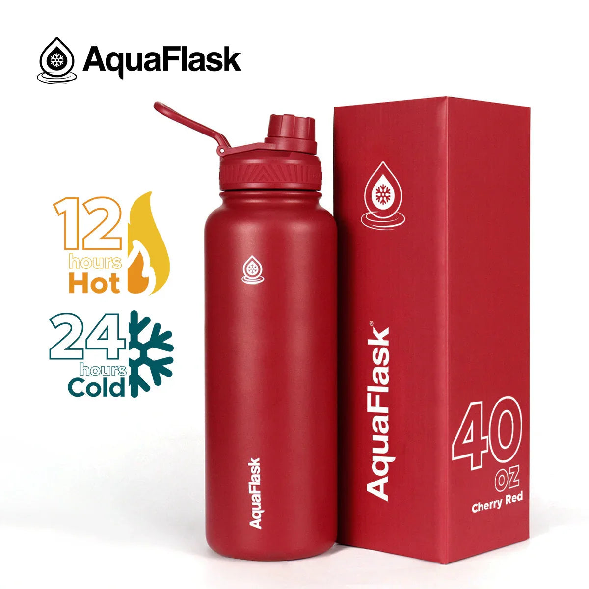 AquaFlask 40oz cherry red insulated water bottle with matching box for hot or cold drinks.