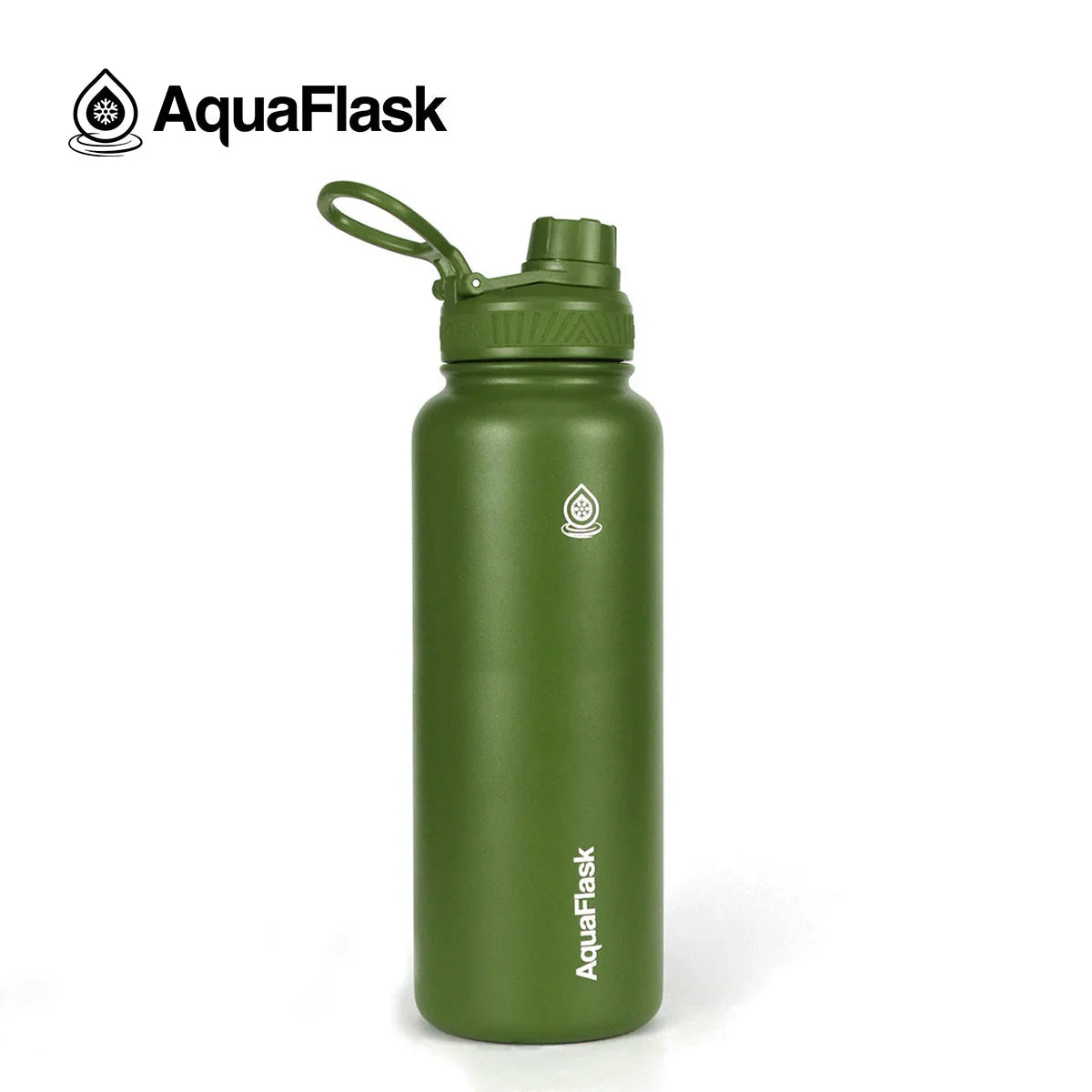 AquaFlask 40oz hunter green water bottle with handle and logo on white background