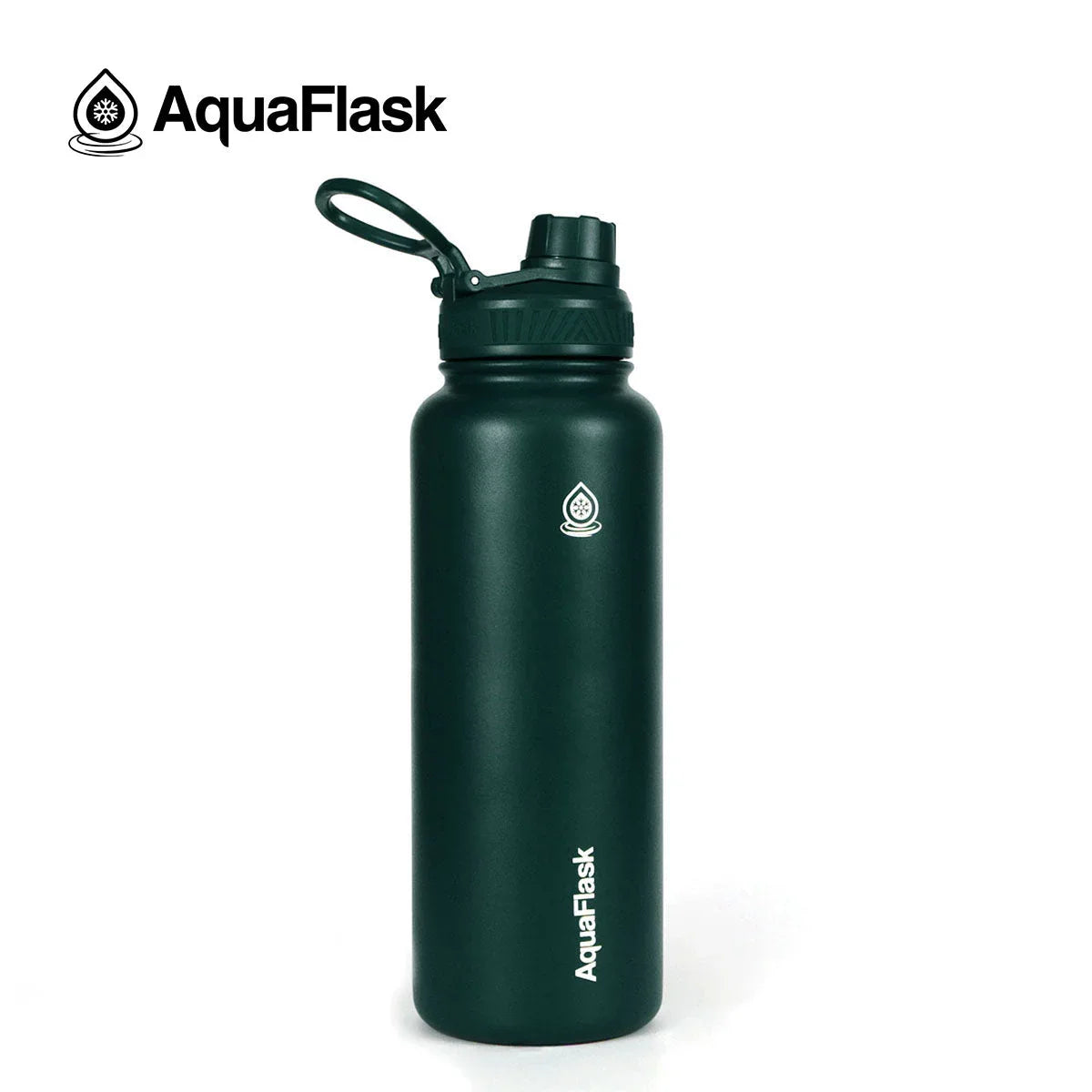 AquaFlask 40oz moss green insulated water bottle with handle on white background