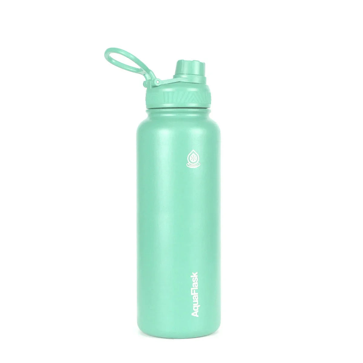 AquaFlask 40oz mint gelato reusable water bottle with flip lid on white background