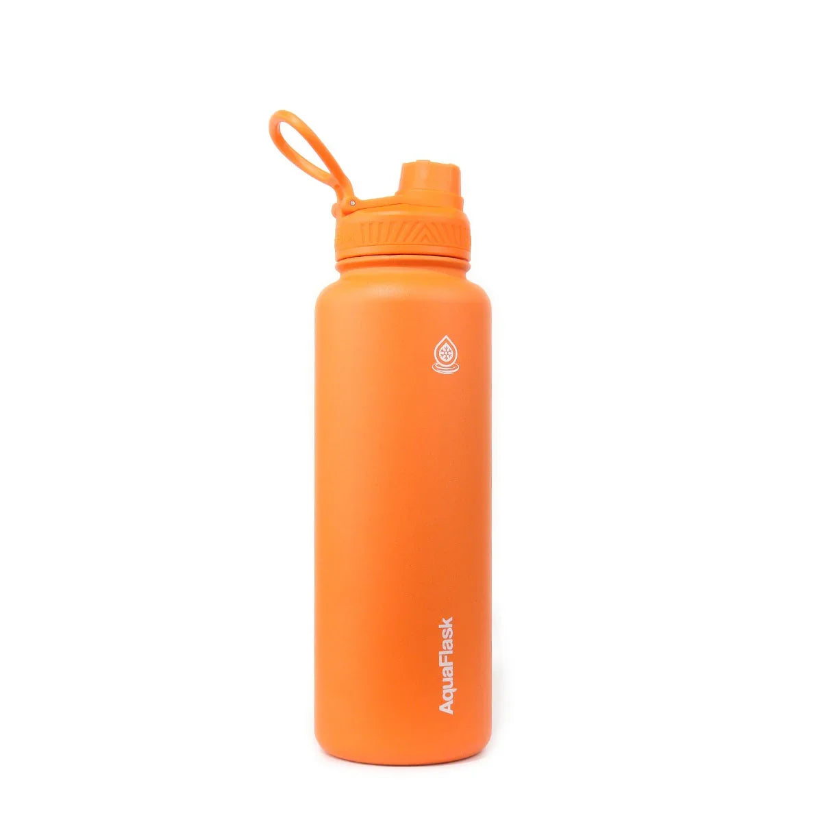 Bright orange AquaFlask 40oz water bottle with lid and handle on white background