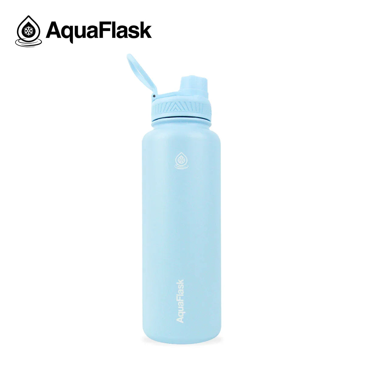AquaFlask 40oz powder blue insulated water bottle with flip top lid on white background