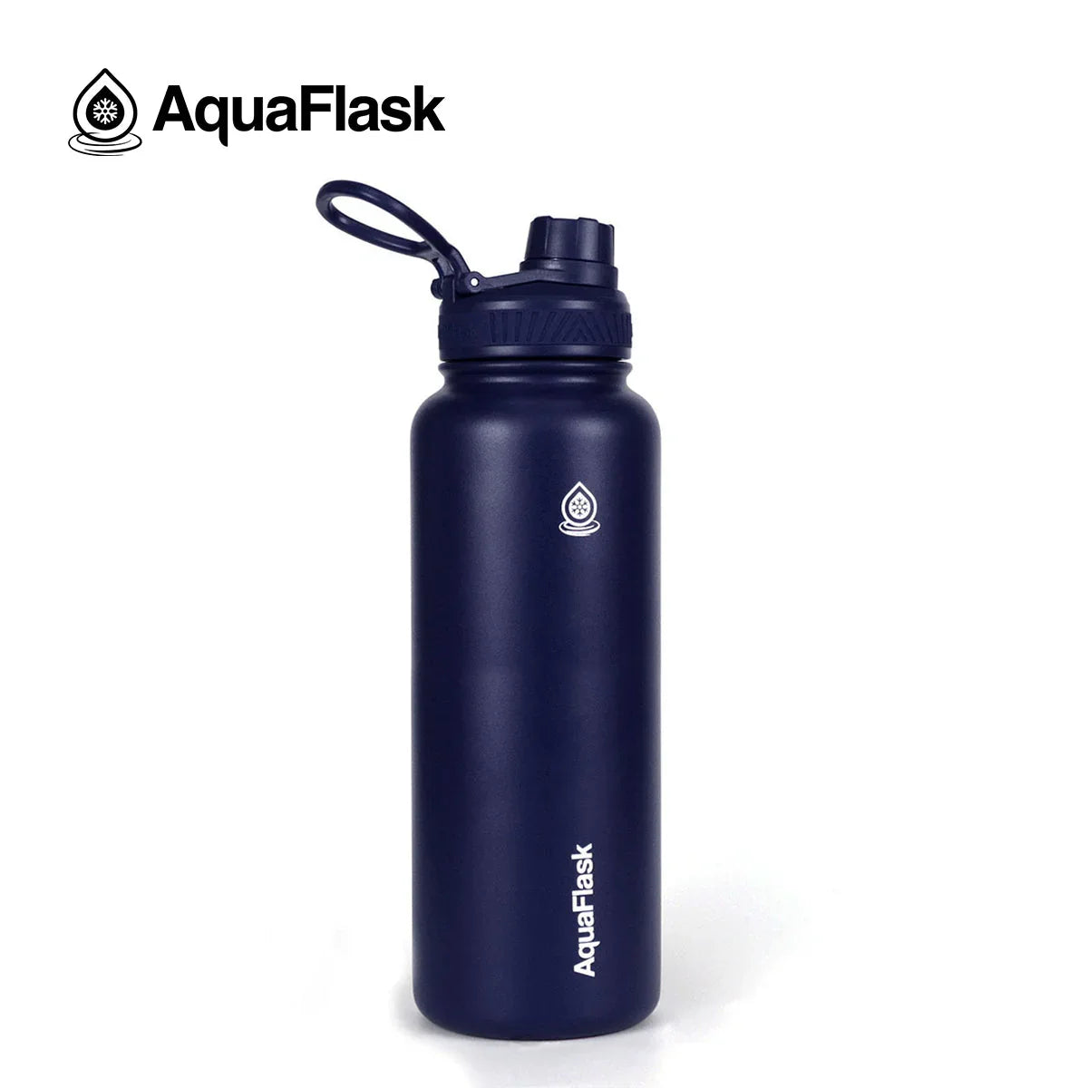 Cobalt blue AquaFlask 40oz insulated water bottle with flip-top lid on white background.