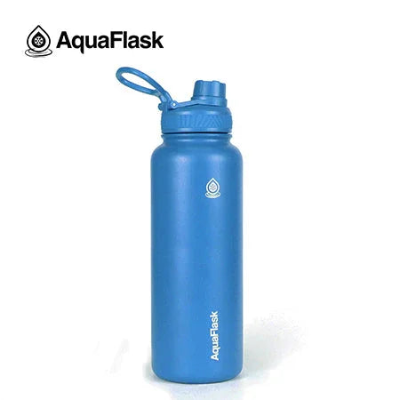 AquaFlask 40oz Malibu Blue water bottle with flip cap and handle on white background