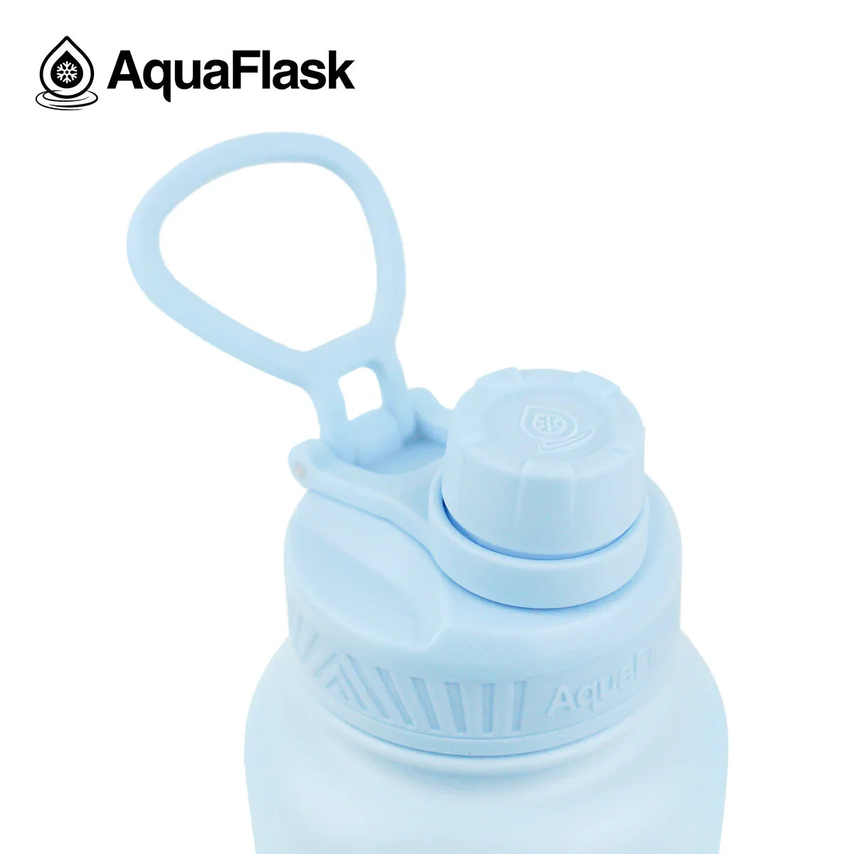 AquaFlask 40oz powder blue water bottle with strap, close-up on cap, white background