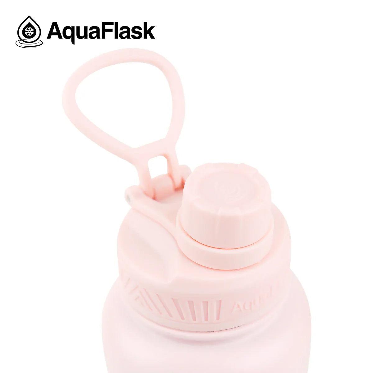 AquaFlask 40oz Ballet Pink water bottle with handle and twist cap close-up