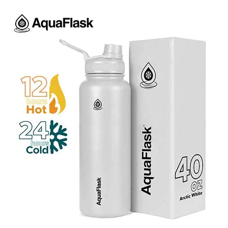 AquaFlask 40oz Arctic White water bottle with straw cap beside product box, 12 hours hot, 24 hours cold.