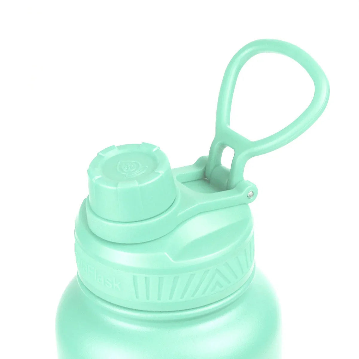 Close-up of a mint green 40oz insulated water bottle with a carrying handle