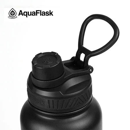 AquaFlask 40oz black water bottle with screw cap and handle, close-up on lid.
