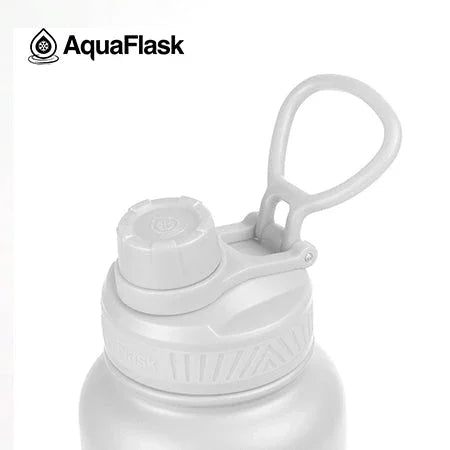 AquaFlask 40oz Arctic White insulated water bottle with secure loop lid